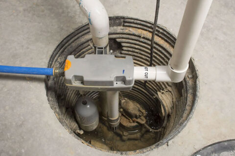 Close-up view of a sump pump installed in a basement with pipes and electrical cords connected.